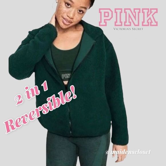 PINK Victoria's Secret Tops - Victoria Secret Reversible Sherpa Teddy Full Zip Hoodie in Dark Green Size Sm